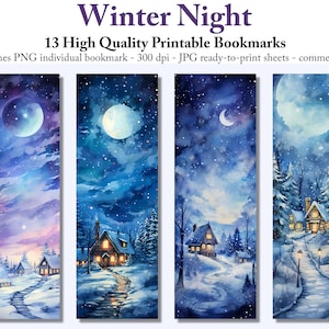 Watercolor Winter Night Bookmarks: Printable 2x6 PNG JPG (Digital Download)