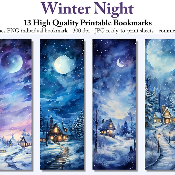 Watercolor Winter Night Printable Bookmarks Digital Download JPG Bookmark Sheets PNG bookmark sublimation Print and Cut Digital Printables