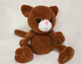 Brown cat crocheted from chenille wool amigurumi