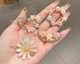 Starvis Korean Fancy Bling Pearl Resin Acrylic Hair Clips Rhinestone Bobby Pins for Women and Girls  Golden Crystal Letter Hair Pins