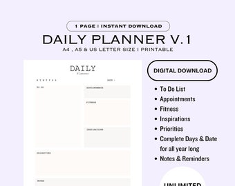 Puede incluir: Una plantilla de planificador diario imprimible con secciones para la lista de tareas, citas, fitness, inspiraciones, prioridades y notas. La plantilla está disponible para descargar en tamaños A4, A5 y carta de EE. UU. El texto "DAILY PLANNER V.1" está en la parte superior de la página.
