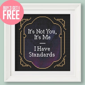 May include: A framed cross-stitch design with a black background and gold lettering. The text reads "It's Not You, It's Me - I Have Standards".