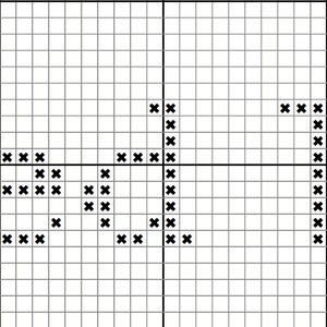 May include: Black and white cross stitch pattern design of a stylized letter "J" with a curved top and a straight bottom.