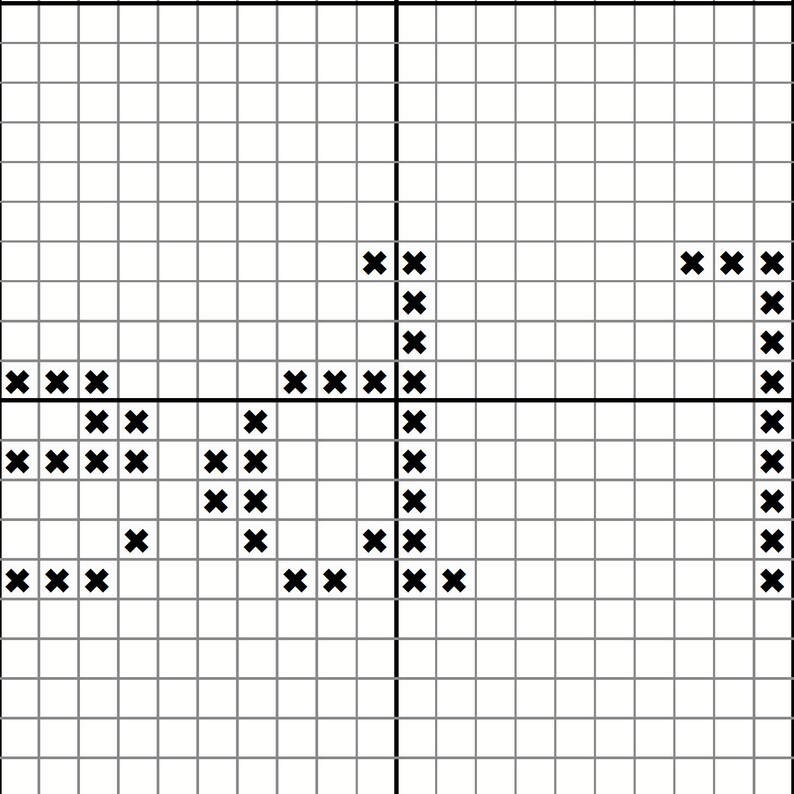 May include: Black and white cross stitch pattern design of a stylized letter "J" with a curved top and a straight bottom.