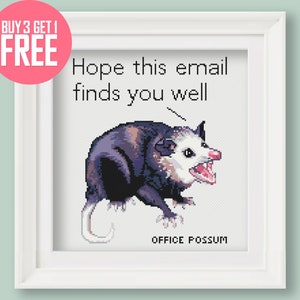 Funny Cross Stitch Pattern [PDF] - Screaming Opossum Work Meme &quot;Office Possum&quot; - 8.5’’ (22 cm) Beginner Embroidery with Instructions