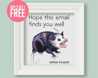 Funny Cross Stitch Pattern [PDF] - Screaming Opossum Work Meme "Office Possum" - 8.5’’ (22 cm) Beginner Embroidery with Instructions