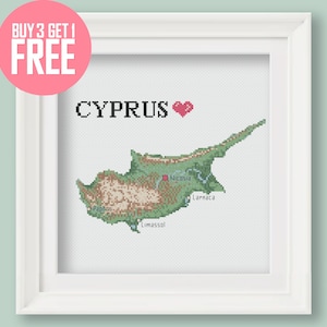 May include: Cross-stitch pattern of the island of Cyprus with the text "CYPRUS" and a red heart. The pattern includes the cities of Nicosia, Larnaca, Limassol, and Paphos.