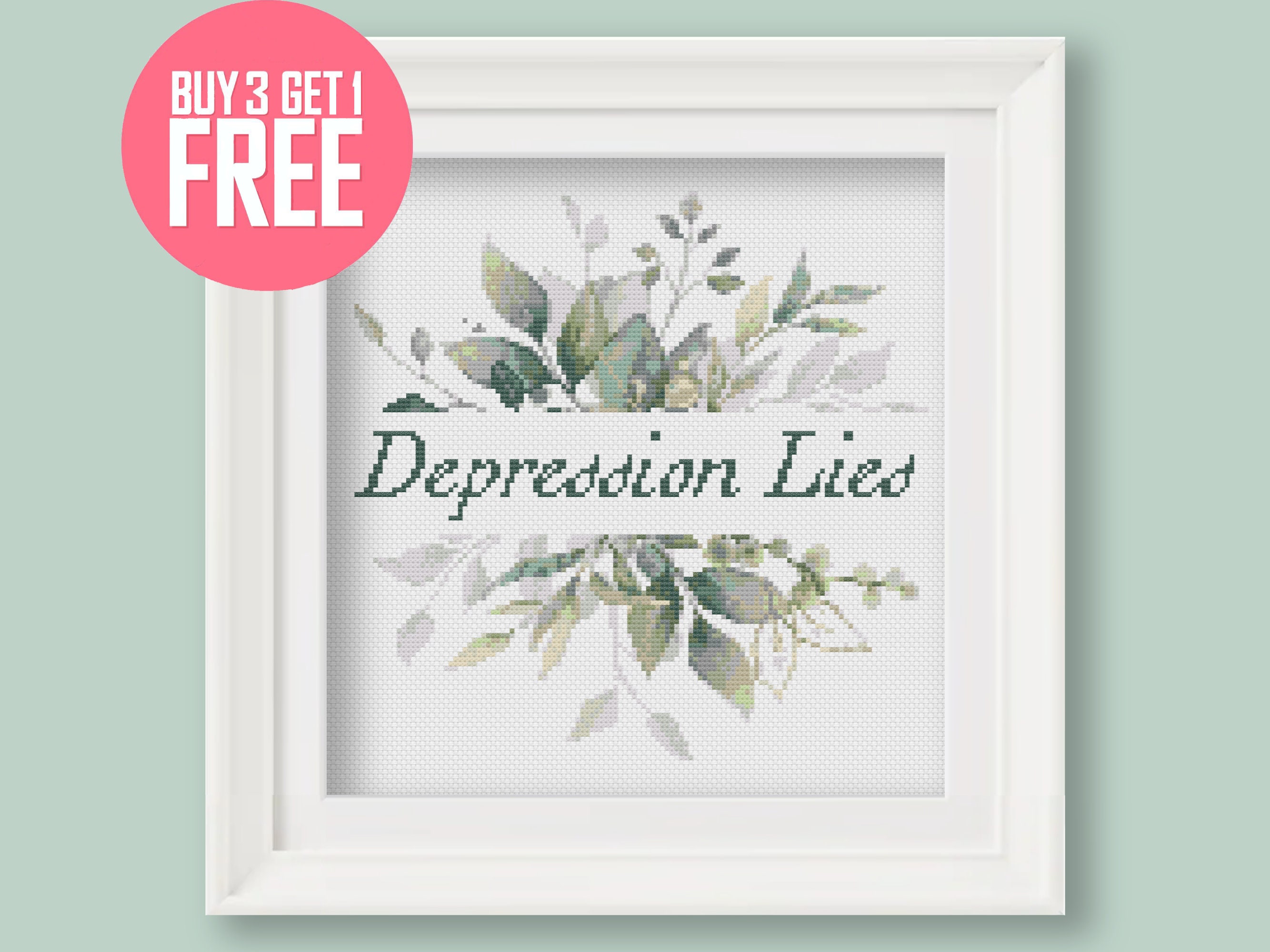 Mental Health Cross Stitch Pattern [PDF] - Self Care Quote "Depression Lies" - 7.5’’ (19 cm) Beginner Embroidery with Instructions