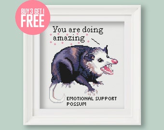 Funny Cross Stitch Pattern [PDF] - Screaming Possum Meme "Emotional Support" - 8’’ (20 cm) Beginner Embroidery