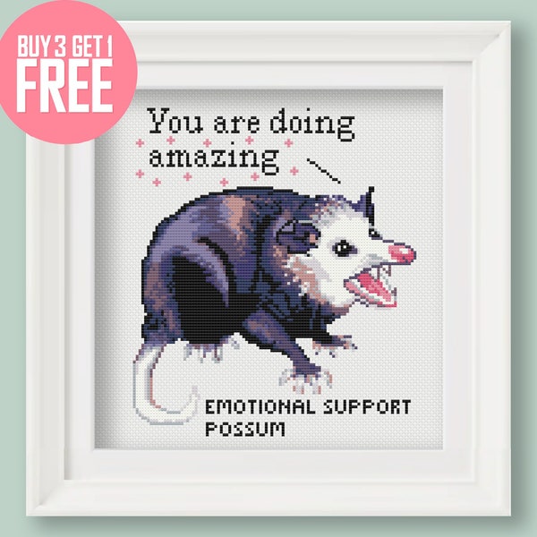 Funny Cross Stitch Pattern [PDF] - Screaming Possum Meme "Emotional Support" - 8’’ (20 cm) Beginner Embroidery