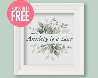 Mental Health Cross Stitch Pattern [PDF] - Self Care Quote "Anxiety is a Liar" - 8’’ (20 cm) Beginner Embroidery with Instructions