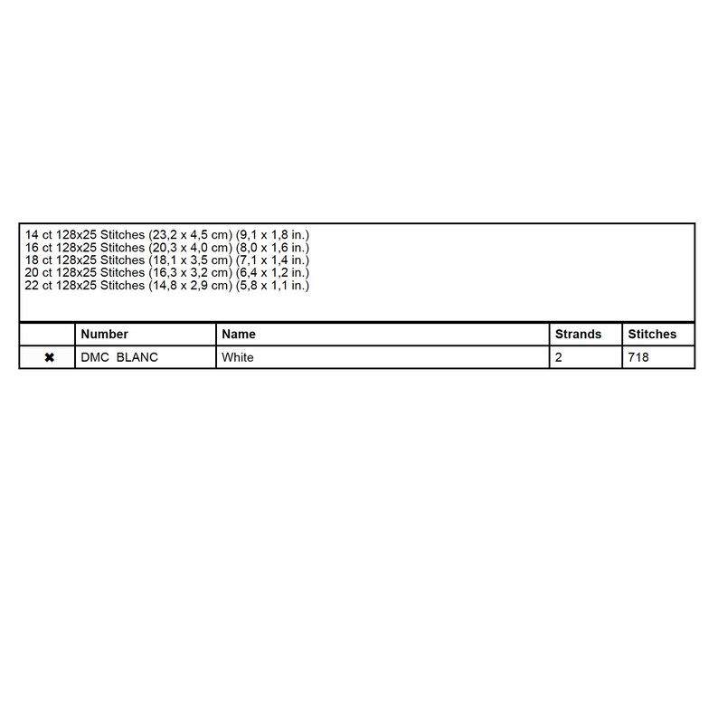 May include: A table showing the number of stitches needed for different sizes of cross stitch projects. The table includes the number of stitches, the DMC color number, the color name, the number of strands of floss to use, and the total number of stitches. The table shows that for a 14 count fabric, you will need 718 stitches for a project using DMC Blanc, which is white.