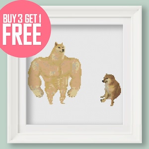 May include: Cross-stitch pattern featuring two Shiba Inu dogs. The dog on the left is muscular and the dog on the right is sitting. The text "BUY 3 GET 1 FREE" is in a pink circle in the top left corner.