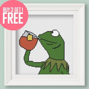 Funny Cross Stitch Pattern [PDF] - Kermit Sipping Tea Meme - 5’’ (12 cm) Beginner Embroidery with Instructions