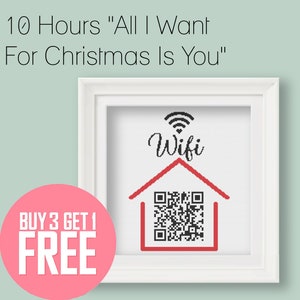 Pode incluir: Padrão de ponto cruz enquadrado em branco com uma casa vermelha e um código QR preto e branco. O texto "Wifi" está acima da casa. O texto "BUY 3 GET 1 FREE" está em um círculo rosa.