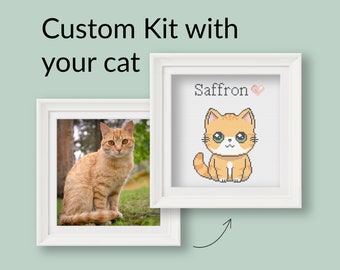 Kit de point de croix personnalisé - Portrait de chat personnalisé à partir d'une photo - Kit de broderie pour débutant de style kawaii