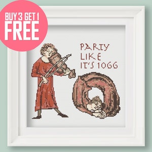 Funny Cross Stitch Pattern [PDF] - Medieval Meme Tapestry &quot;Party Like It&#39;s 1066&quot; - 8&quot; (20 cm) Beginner Embroidery with Instructions