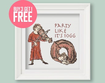 Funny Cross Stitch Pattern [PDF] - Medieval Meme Tapestry "Party Like It's 1066" - 8" (20 cm) Beginner Embroidery with Instructions