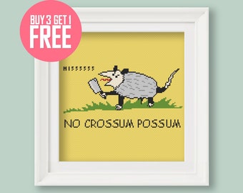 Grappig kruissteekpatroon [PDF] - Screaming Opossum Meme "No Crossum Possum" - 7,5'' (18 cm) Beginnersborduurwerk met instructies