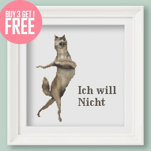 Funny Cross Stitch Pattern [PDF] - TikTok Meme "Dancing Wolf - Ich Will Nicht" - 7’’ (18 cm) Beginner Embroidery Pattern with Instructions