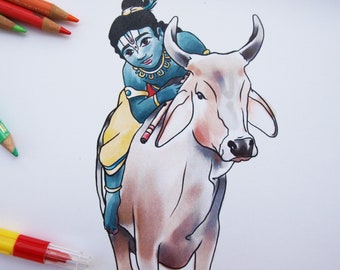 Coloring Page Krishna With Cow Printable Digital Download - Etsy
