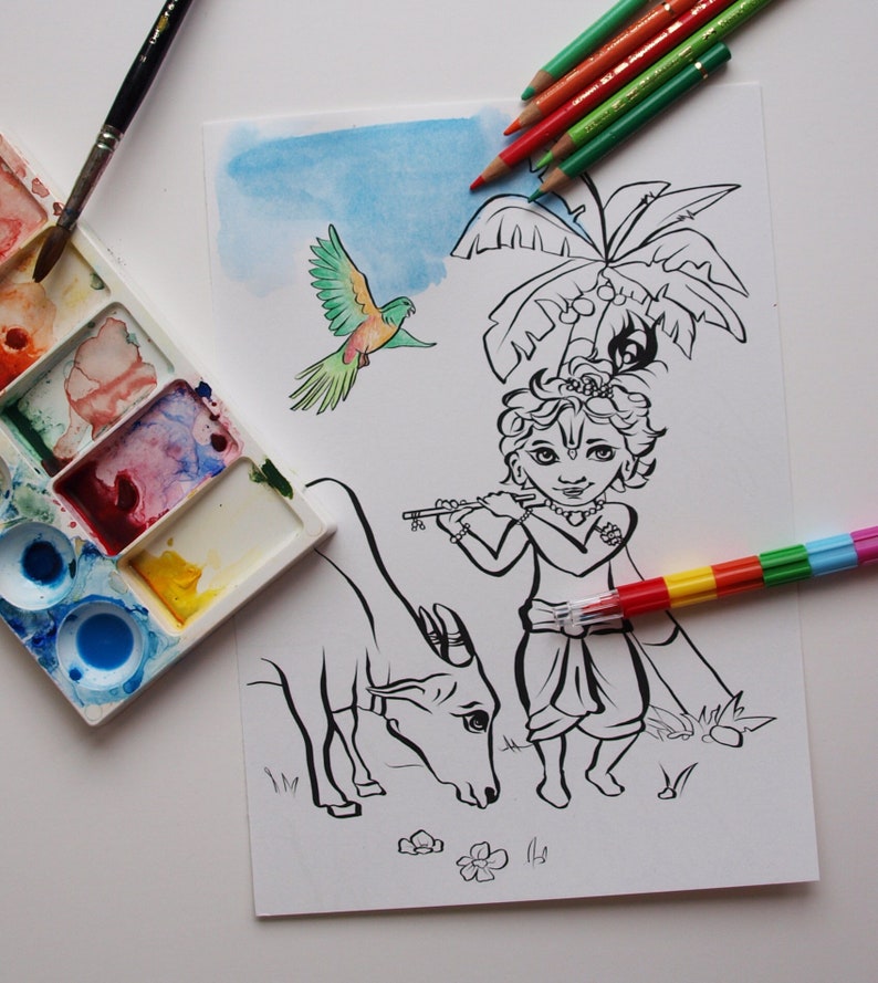 Coloring Page Krishna With Cow Printable Digital Download - Etsy Australia