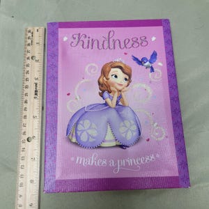 May include: A pink canvas print with a purple border featuring a cartoon princess with a blue bird. The text "Kindness makes a princess" is printed on the canvas.