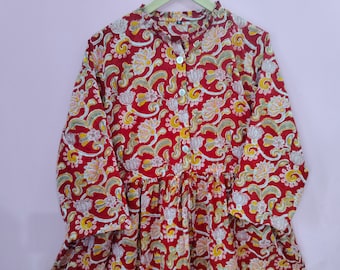 Rot Floral Block Print Baumwollkleid: Langarm Boho Maxi