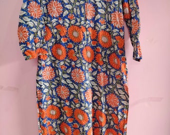 Floral Block Print Baumwolle Maxi Kleid: Langarm Indian Kurta