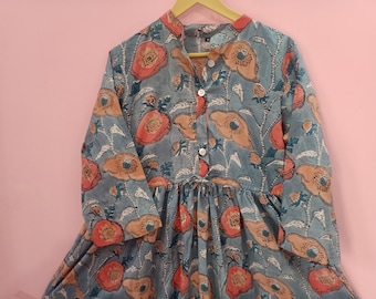 Graues Blumen Block Print Baumwollkleid, Langarm Boho Maxi