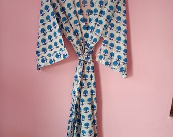 Handabdruck Baumwolle Kimono Robe: Indischer Block Print Morgenmantel