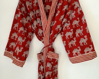 Baumwoll Kimono Robe: Handprint Floral Morgenmantel
