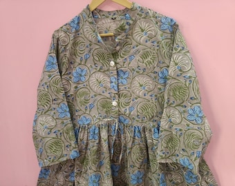 Floral Block Print Baumwollkleid: Langarm Boho Maxi