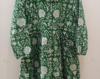 Floral Block Print Baumwolle Maxi Kleid: Langarm Boho Kleid