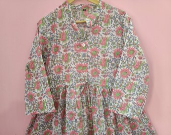 Handblock Print Cotton Maxi Dress: Floral Long Sleeve Boho Dress