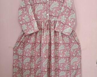 Floral Block Print Baumwollkleid: Langarm Boho Maxi