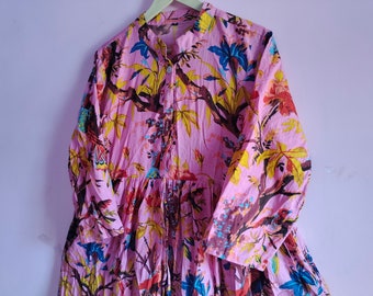 Maxikleid mit Blumenvogel-Print aus Baumwolle - Langarm Boho-Stil
