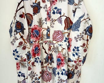 Floral Block Print Cotton Dress,Long Sleeve Boho Dress