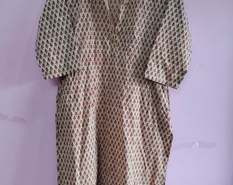Floral Block Print Baumwolle Kurta Kleid - Langarm Boho Maxi