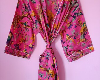 Handprint Cotton Kimono Robe: Morgenmantel mit Blockprint-Muster
