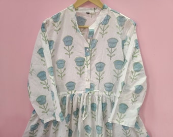 Floral Block Print Baumwollkleid, Boho Langarm Maxi