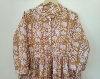 Floral Block Print Cotton Dress, Long Sleeve Boho Maxi
