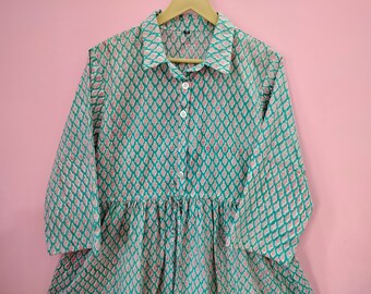 Floral Block Print Baumwolle Maxi Kleid: Langarm Boho Flapper