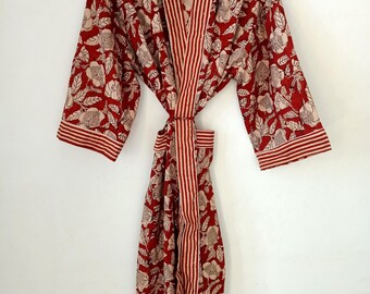Floral Block Print Baumwolle Kimono Robe, indischer Morgenmantel