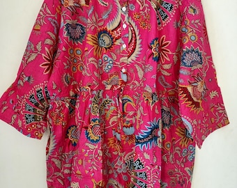 Floral Block Print Baumwollkleid: Langarm Boho Sommer