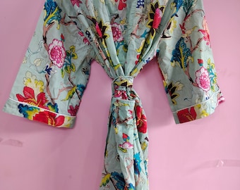 Baumwoll Kimono Robe: Handprint Floral Morgenmantel