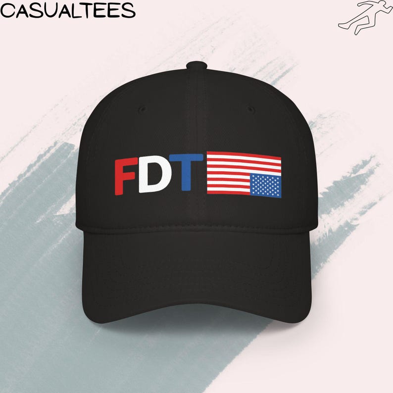 Low-profile baseball cap displaying an FDT graphic with an inverted U.S. flag, representing political dissent and resistance to Trump-era leadership.