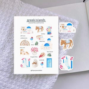 Feuille d'autocollants Santorin pour agenda de voyage Mykonos Feuille d'autocollants de voyage pour Bullet Journal Grèce Feuille d'autocollants décoratifs de voyage