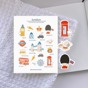 Foglio di adesivi Londra per pianificatore di viaggio Foglio di adesivi da viaggio Inghilterra per Bullet Journal Foglio di adesivi Europa Adesivo decorativo da viaggio