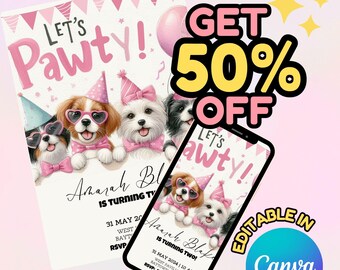 Editable Dog Birthday Party Invitation, Lets Pawty, Puppy Birthday ...
